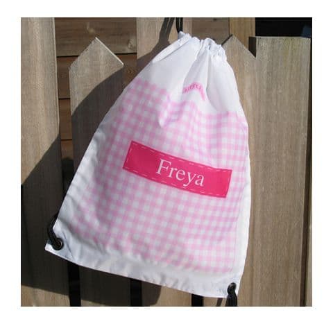 Personalised Gingham Drawstring Bag - Pink Gingham