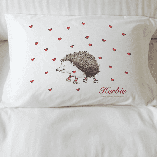 Personalised Hedgehog Pillowcase - Prickle the Little Hedgehog & Hearts