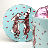 Personalised Little Folk Cup, Coaster Gift Set - Dancing Rabbits & Hearts