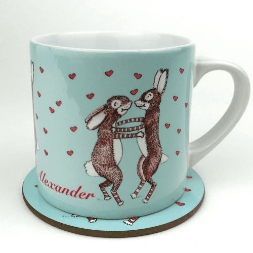 Personalised Little Folk Cup, Coaster Gift Set - Dancing Rabbits & Hearts