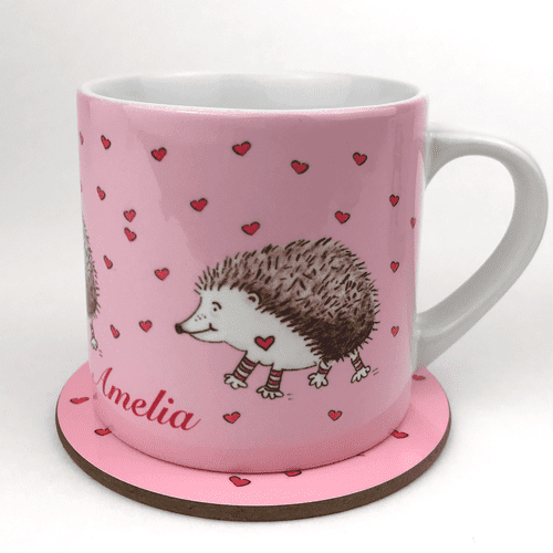 Personalised Little Folk Cup & Coaster Gift Set - Prickle the Little Hedgehog & Hearts
