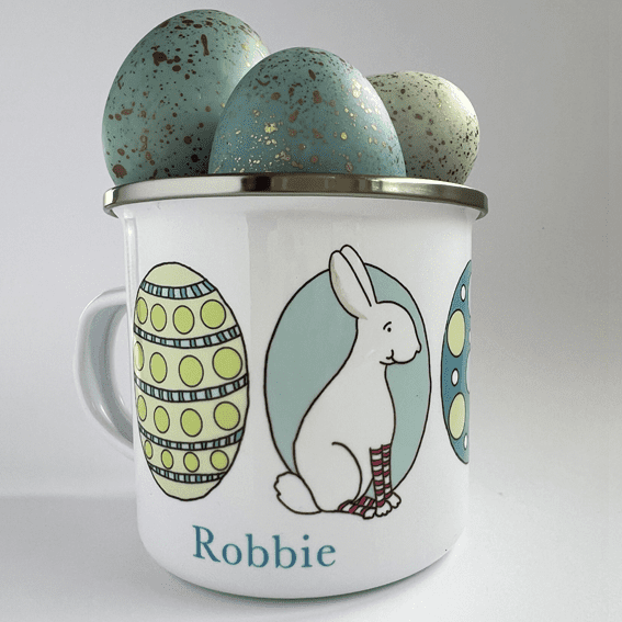 Personalised Little Folk Enamel Cup - Rabbit & Blue Eggs