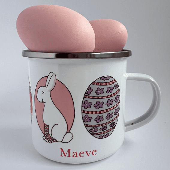 Personalised Little Folk Enamel Cup - Rabbit & Pink Eggs