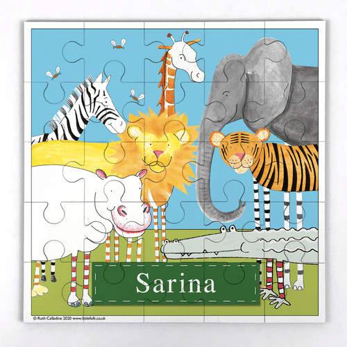 Personalised Little Folk Wooden Jigsaw Puzzle & Bag - Safari Friends