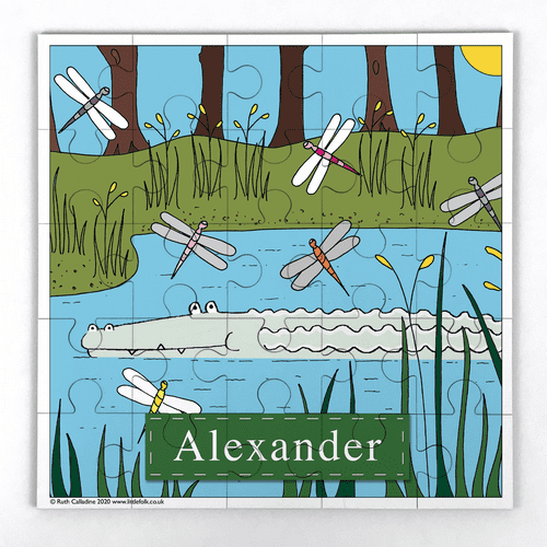 Personalised Little Folk Wooden Jigsaw Puzzle & Bag - Snap the Little Alligator