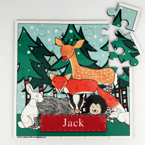Personalised Little Folk Wooden Jigsaw Puzzle & Bag - Winter Woodland