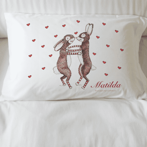 Personalised Rabbit Pillowcase - Dancing Rabbits & Hearts