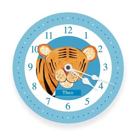 Personalised Tiger Clock - Pounce the Little Tiger in Blue