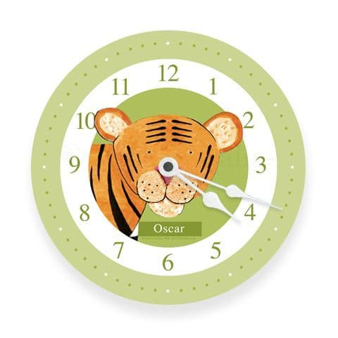 Personalised Tiger Clock - Pounce the Little Tiger in Green