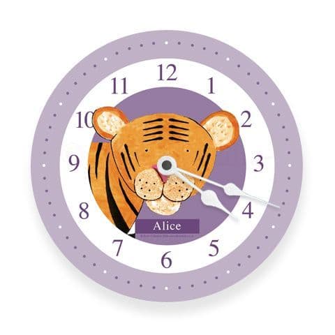 Personalised Tiger Clock - Pounce the Little Tiger in Lilac