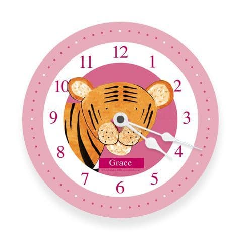 Personalised Tiger Clock - Pounce the Little Tiger in Pink