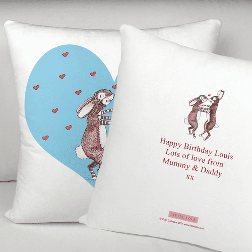 Personalised Velvet Cushion - Dancing Rabbits & Hearts on Blue Heart