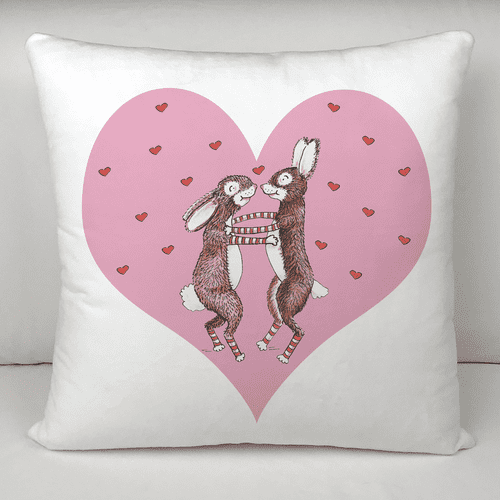 Personalised Velvet Cushion - Dancing Rabbits & Hearts on Pink Heart