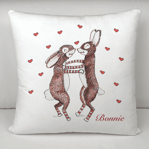 Personalised Velvet Cushion - Dancing Rabbits & Hearts on White