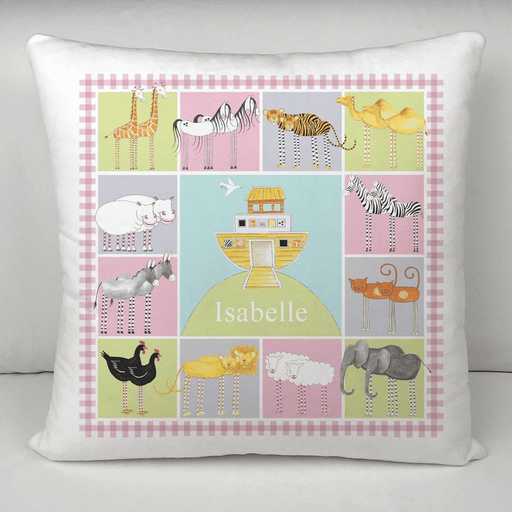 Personalised Velvet Cushion - Noah's Ark in Pink