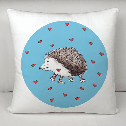 Personalised Velvet Cushion - Prickle the Little Hedgehog & Hearts Blue Dot
