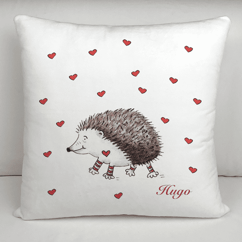 Personalised Velvet Cushion - Prickle the Little Hedgehog & Hearts on White