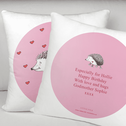 Personalised Velvet Cushion - Prickle the Little Hedgehog & Hearts Pink Dot