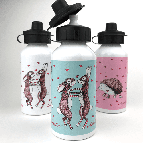 Personalised Water Bottle - Dancing Rabbits & Hearts