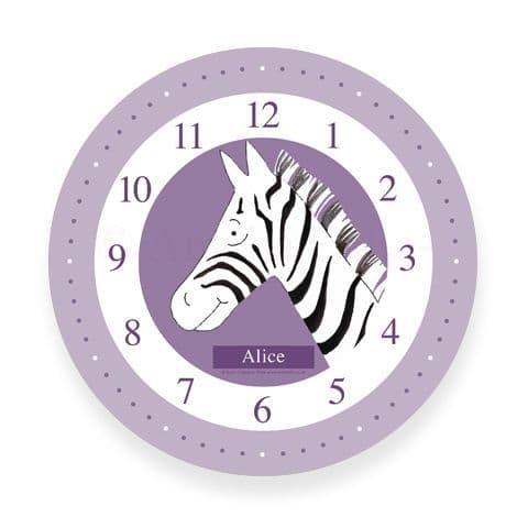 Personalised Zebra Clock - Stripe the Little Zebra in Lilac