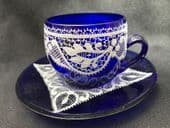 Beautiful Bohemian blue glass & lace espresso cup & saucer