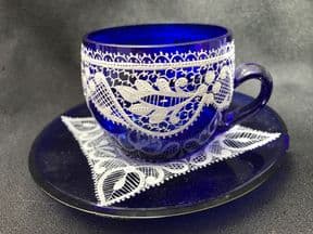 Beautiful Bohemian blue glass & lace espresso cup & saucer