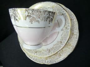 Royal Stuart pink & gilt tea trio