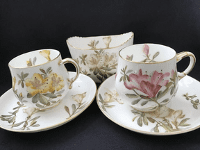 SOLD - George Jones AZALEA pattern coffee cups and saucers x 2 c1880