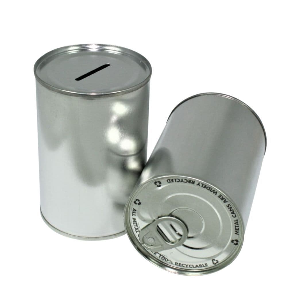Single-use metal charity donation tin with a coin slot and ring pull base