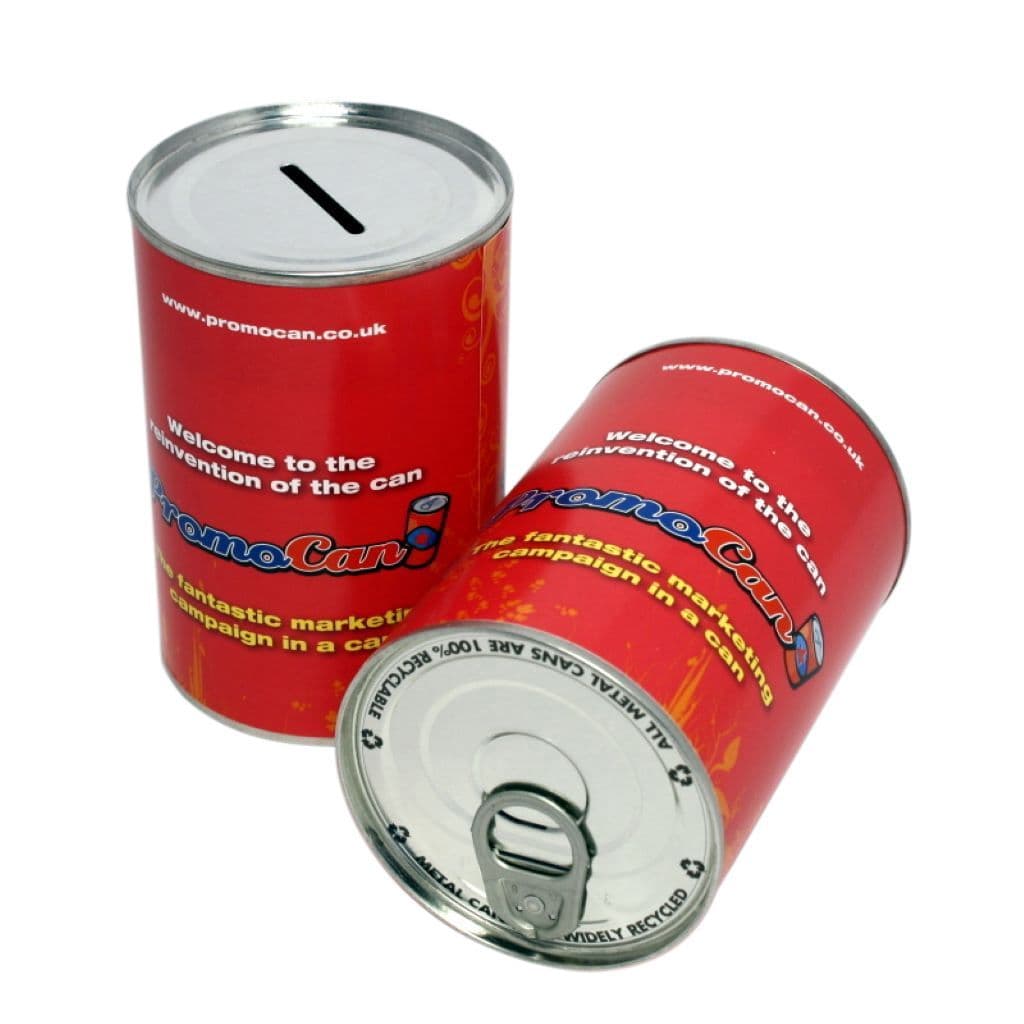 Metal money tins and donation boxes used for charity fundraising campaigns