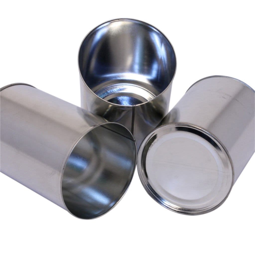 Metal mixing pots made from new UK-made cans, shown with a brush for paint and workshop use