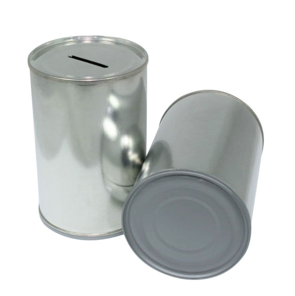 Reusable metal savings tin for fundraising, with a coin slot and removable base