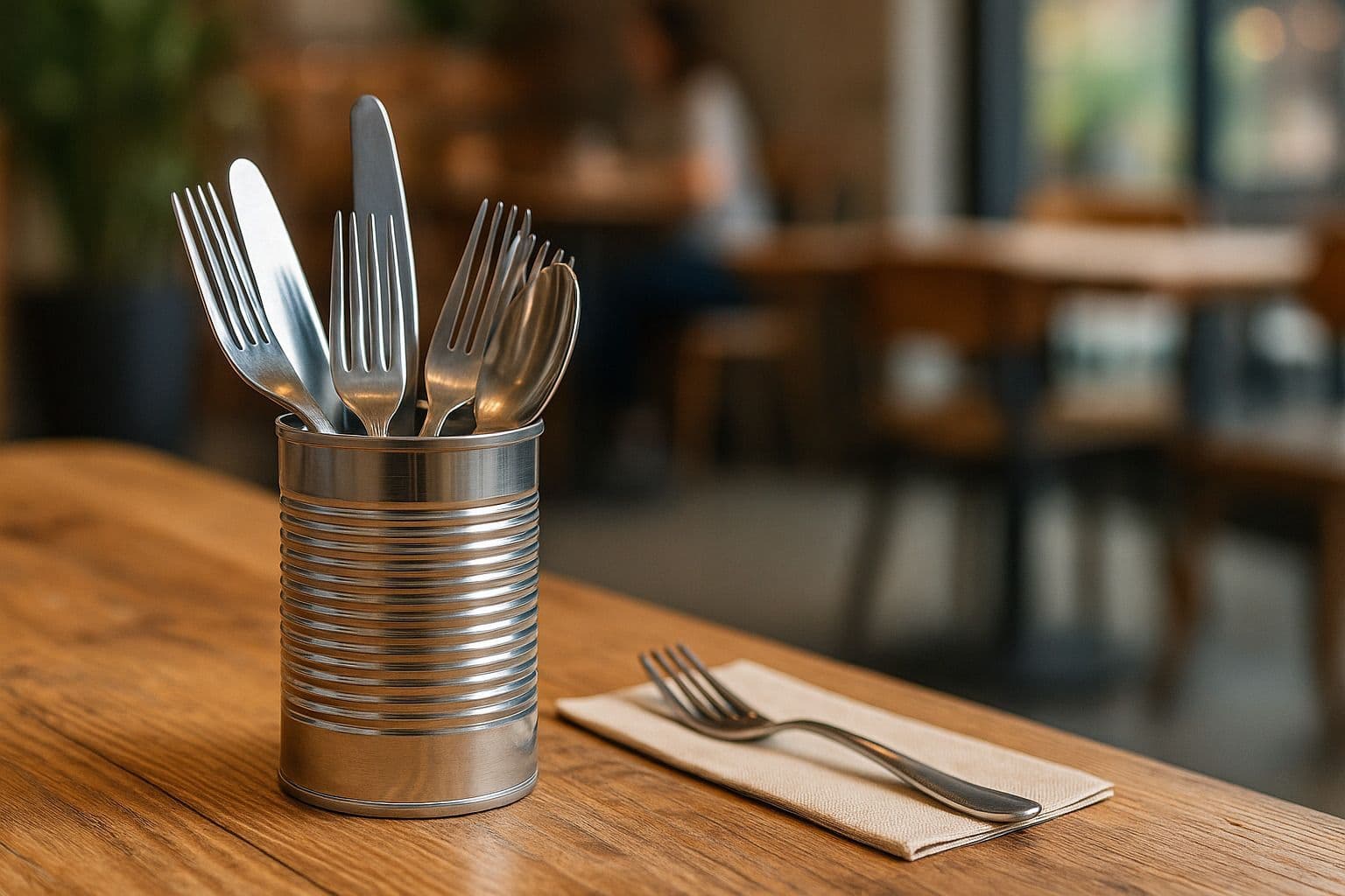 Tinplate cutlery holders displayed on café table – trade catering supplies from PromoCan.