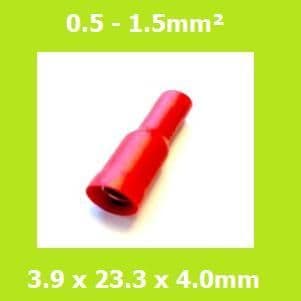 Female, 3.9mm Bullet Terminal, FRD1-156, Double Crimp, RED, Vinyl Insulated, (Pack of 100)