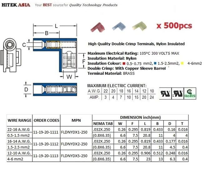 FLDNYDX5250 6 35 x 0 8mm Flag Double Crimp Terminals Yellow Nylon