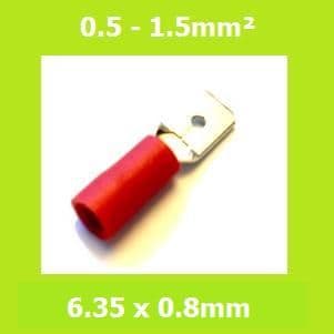 Male, Blade Terminal, MDD1-250, RED, 6.35x0.8mm, Double Crimp, Vinyl Insulated , Pack of 100