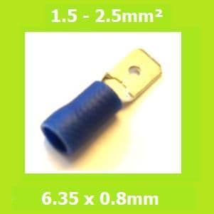 Male, Blade Terminal, MDD2-250, Blue, 6.35x0.8mm, Double Crimp, Vinyl Insulated ,  Pack of 100