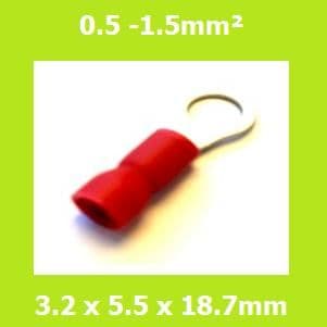 Ring Terminal, RVE1-3.2, 3.2mm, RED, Vinyl Insulated, (Pack of 100)