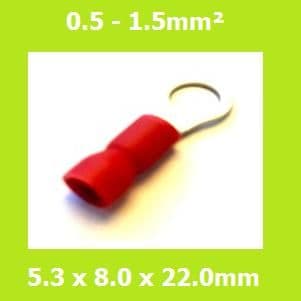 Ring Terminal, RVE1-5, 5.3mm, RED, Vinyl Insulated, (Pack of 100)