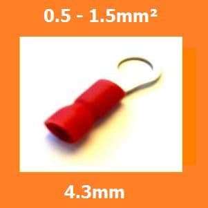 RV1.25-4S Ring Crimp Terminal, 4.3mm, RED, Vinyl Insulated, 0.5-1.5mm² (Pack of 100)