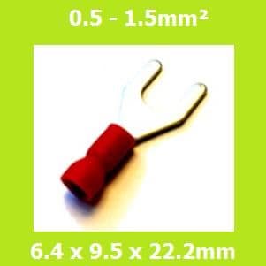 Spade Terminal, Fork Terminals, SVEL1-6, 6.4mm, RED, Vinyl Insulated, (Pack of 100)
