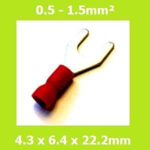 Spade Terminal, Fork Terminals, SVES1-4, 4.3mm, Red, Vinyl Insulated, (Pack of 100)