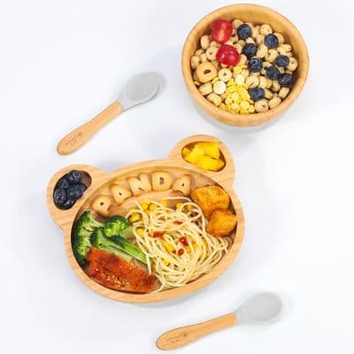 Bamboo Panda Plate Bowl & Spoon Set Suction Bowl Stay-Put Design