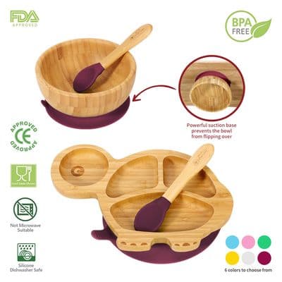 Bamboo Turtle Plate Bowl & Spoon Set Suction Bowl Stay-Put Design