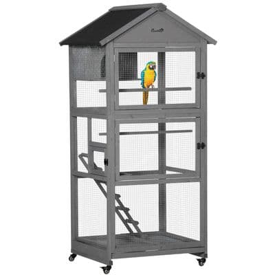 Bird Cage Wooden Aviary for Canary Cockatiel Parrot with Wheels & Tray