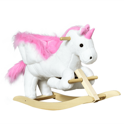 Kids Wooden Ride On Unicorn Rocking Horse Plush Toy Soft Seat Pink HOMCOM