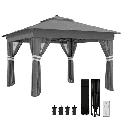 Outsunny 3x3(m) Pop Up Gazebo w/ Solar-Powered LED Lights Curtain Netting Grey