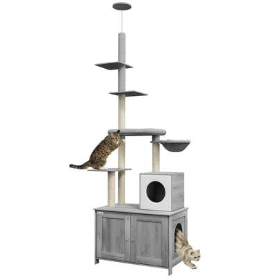 PawHut 2 in 1 Hidden Litter Box with Floor to Ceiling Cat Tree, Indoor, Grey