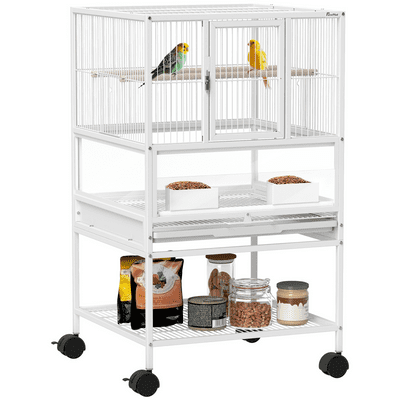 PawHut Bird Cage Parrot Cage with Rolling Stand Acrylic Viewing Panels White