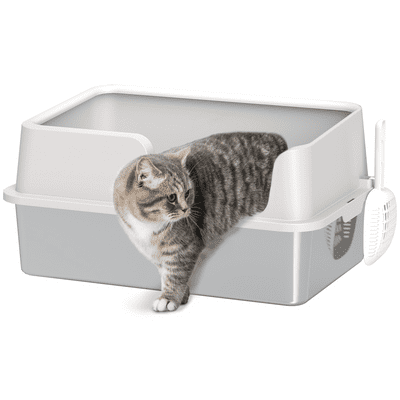 PawHut Stainless Steel Litter Box, High Sided Metal Cat Litter Tray w/ Scoop